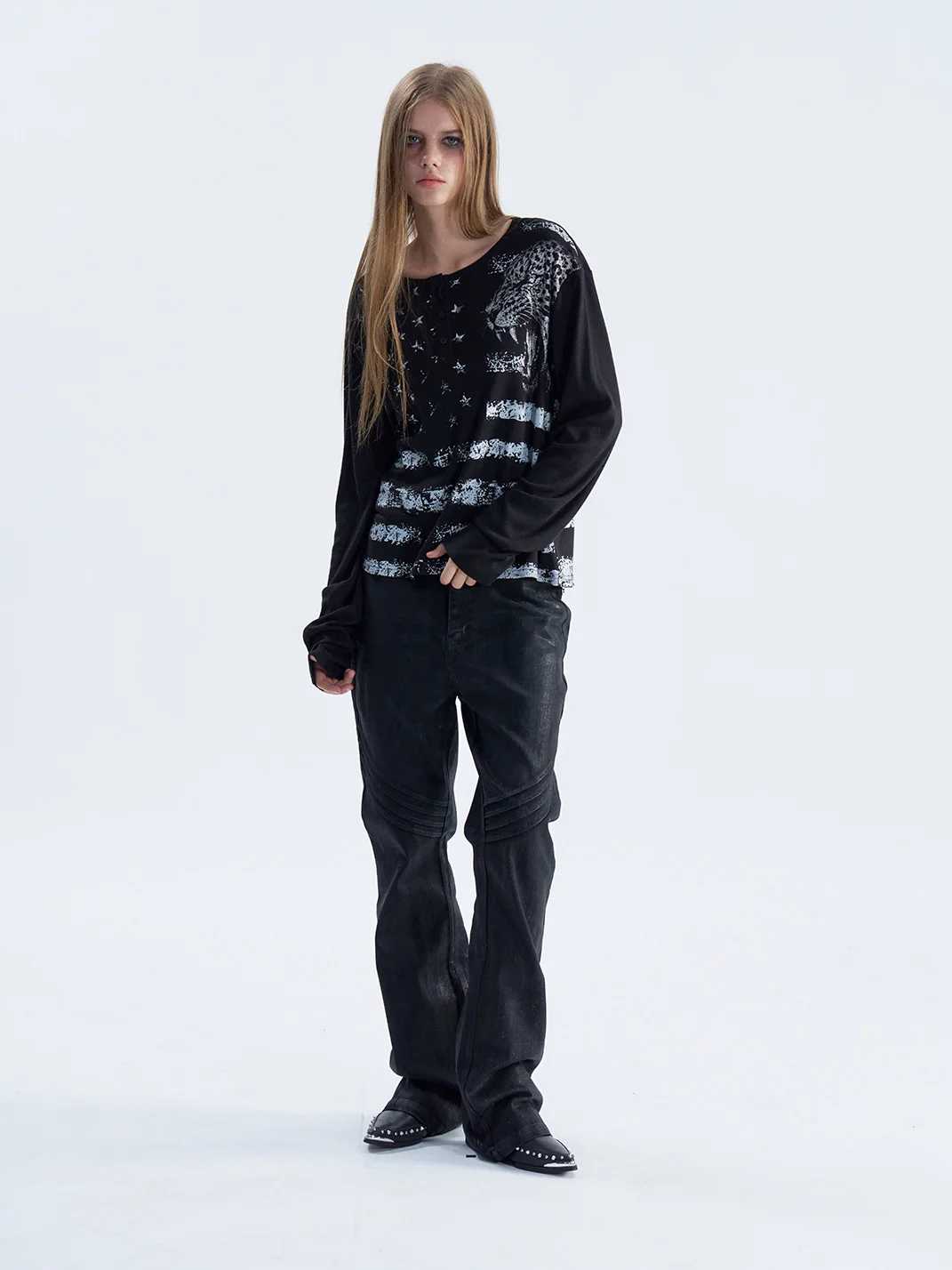 PAIKI | Retro Leopard Henley Long Sleeve Shirt