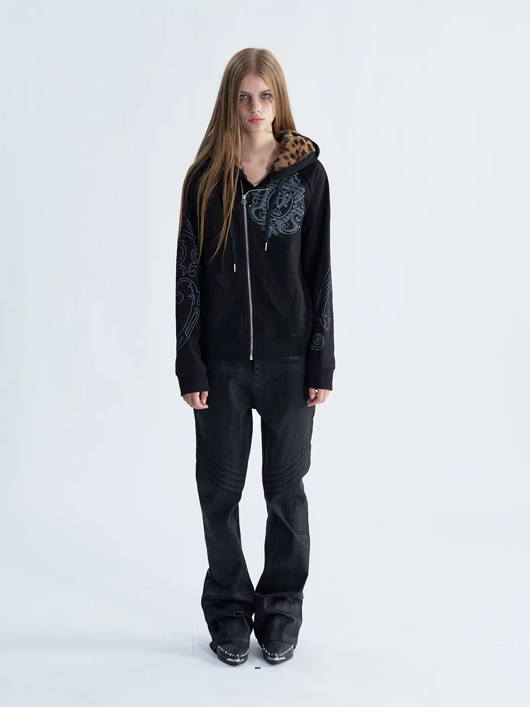 PAIKI | Leopard Trim Rhinestone Graphic Zip Hoodie