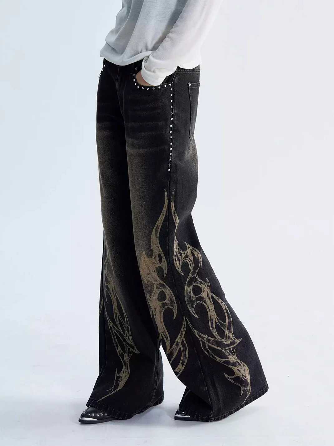 PAIKI | Distressed Washed Flame Studded Wide Leg Jeans