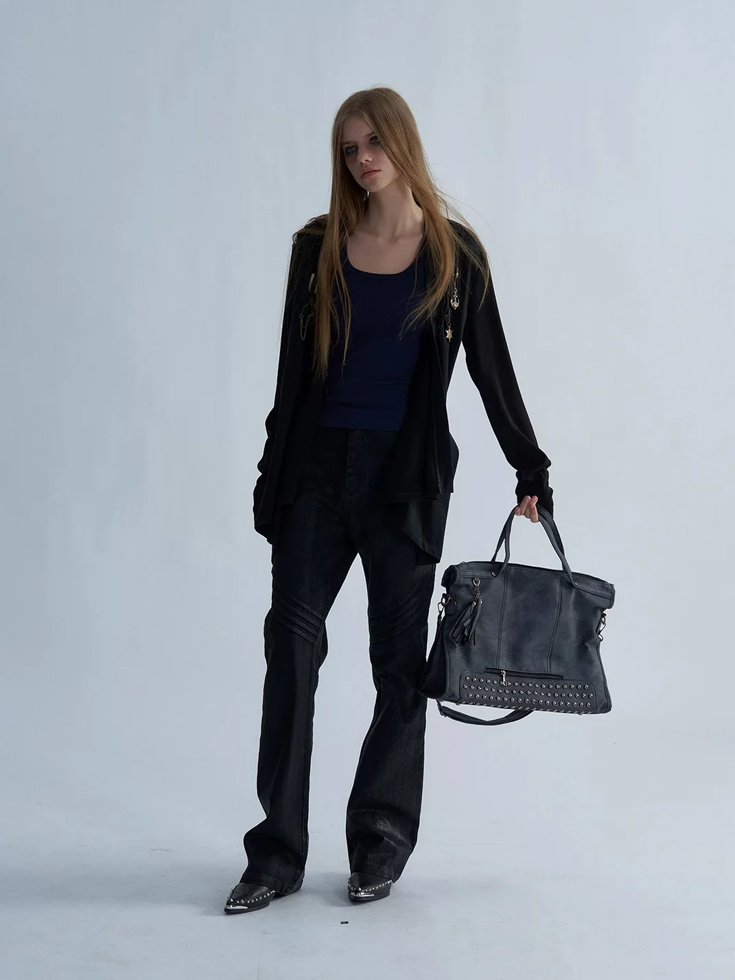 PAIKI | Studded Pirate Skull Asymmetric Long Cardigan