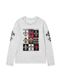PAIKI | Distressed Fleur-De-Lis Checkerboard Long Sleeve Tee