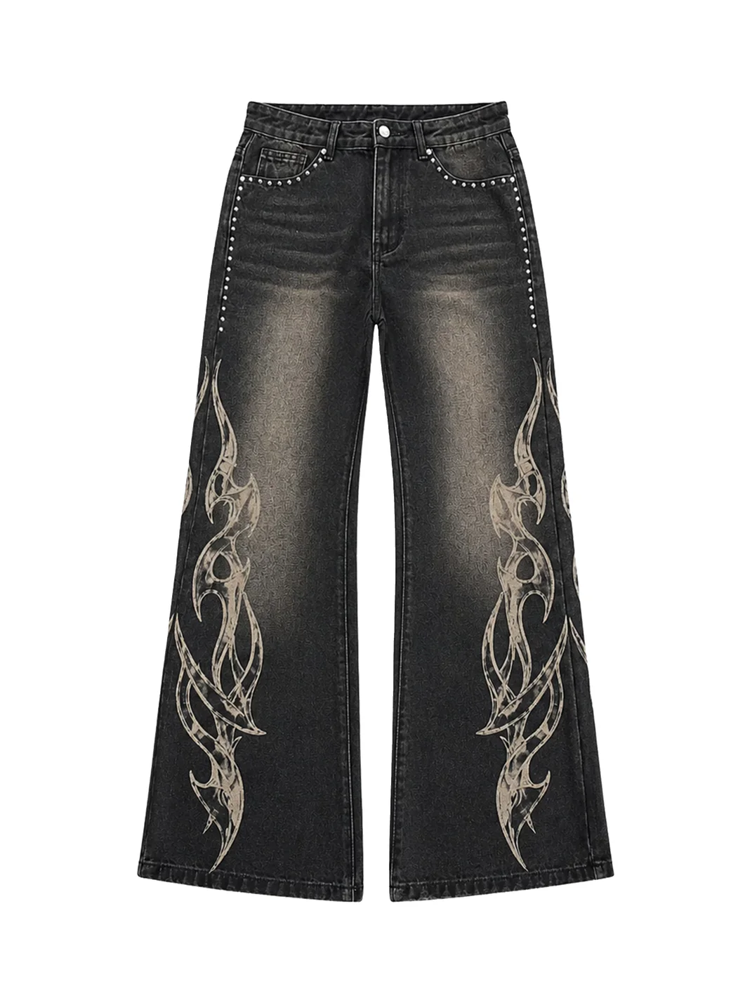 PAIKI | Distressed Washed Flame Studded Wide Leg Jeans