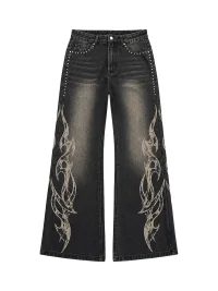 PAIKI | Distressed Washed Flame Studded Wide Leg Jeans
