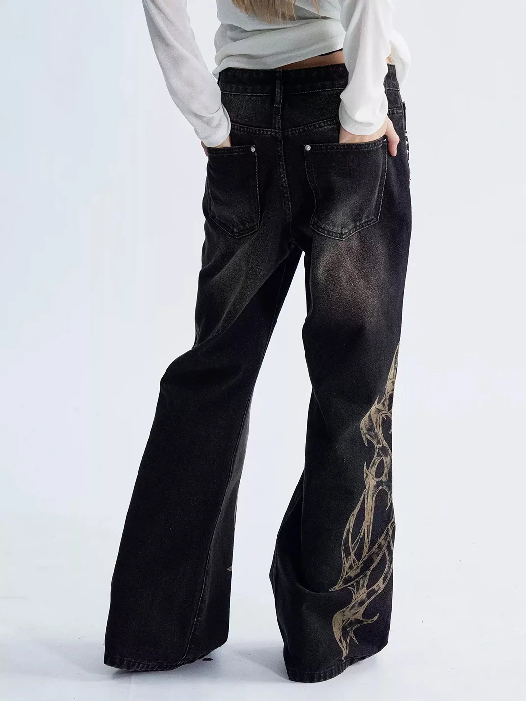 PAIKI | Distressed Washed Flame Studded Wide Leg Jeans