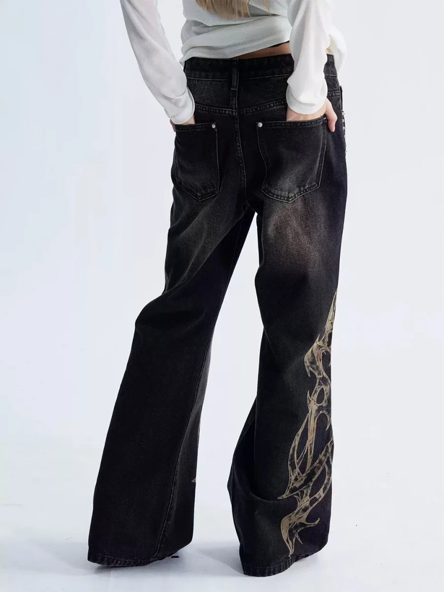 PAIKI | Distressed Washed Flame Studded Wide Leg Jeans - 4