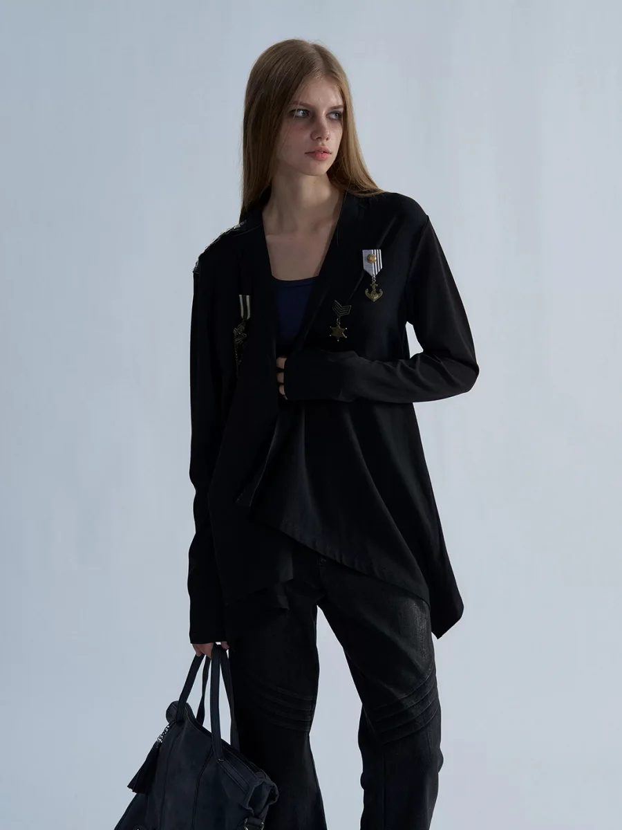 PAIKI | Studded Pirate Skull Asymmetric Long Cardigan - 4
