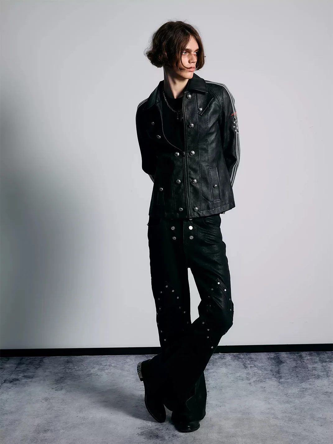 PAIKI | Black Waxed Rivet Flared Jeans