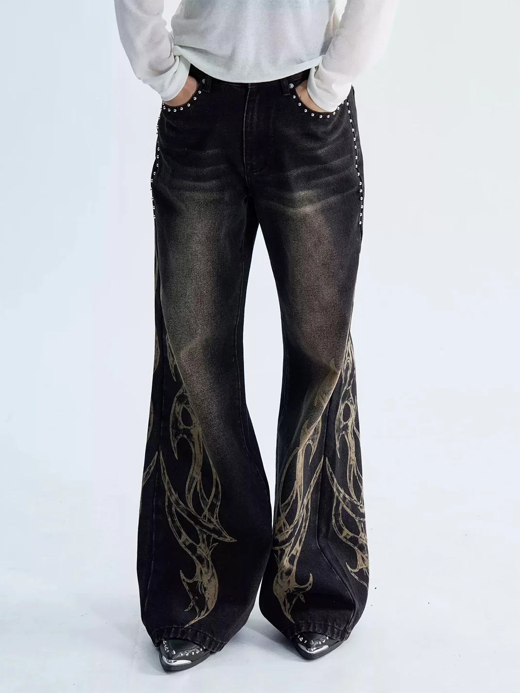 PAIKI | Distressed Washed Flame Studded Wide Leg Jeans