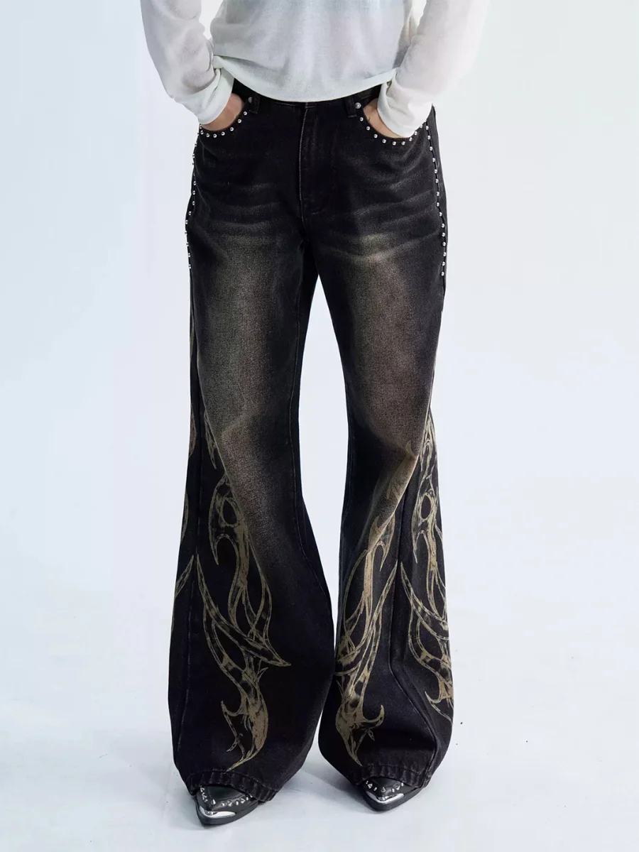 PAIKI | Distressed Washed Flame Studded Wide Leg Jeans - 3