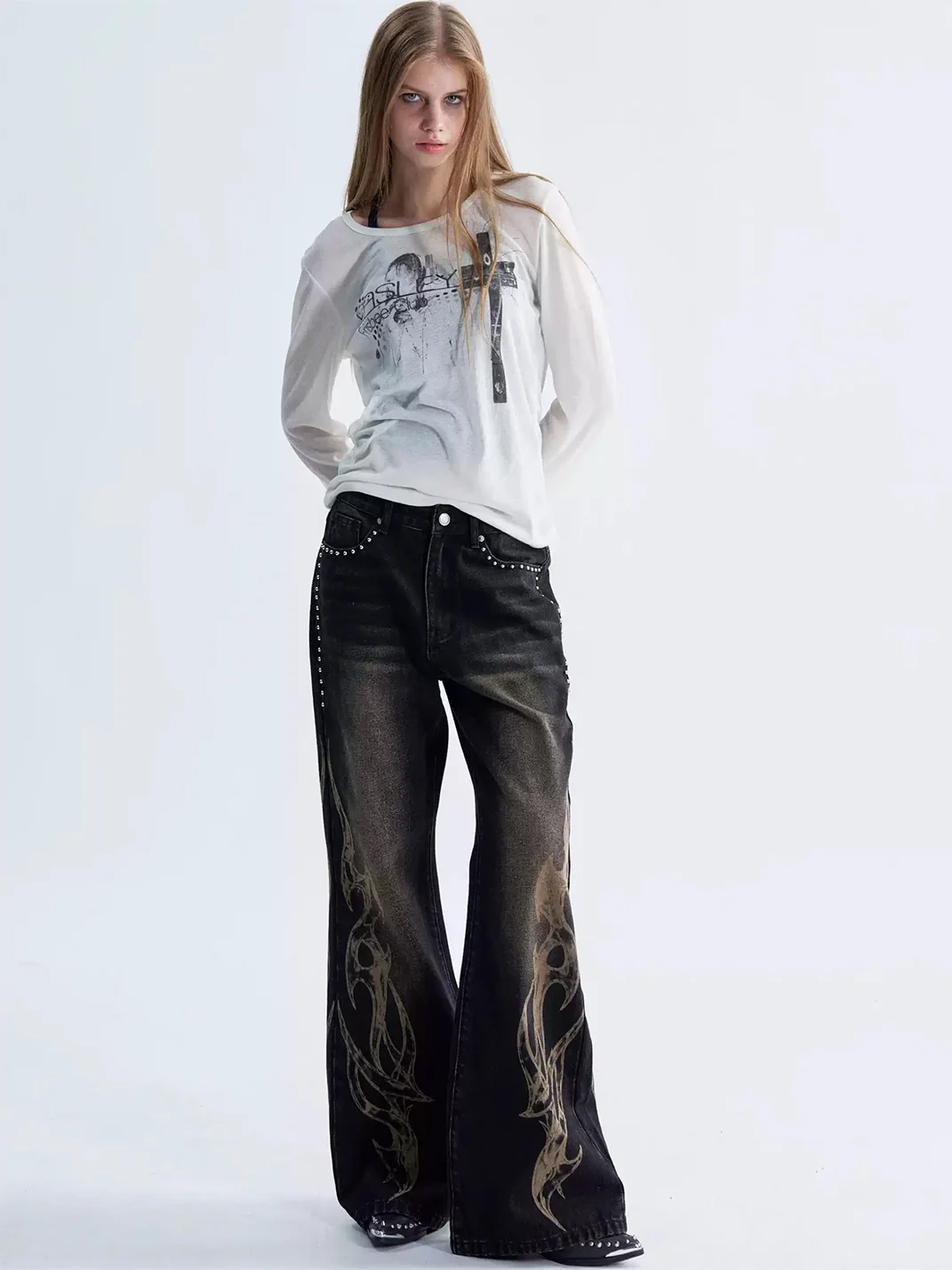 PAIKI | Distressed Washed Flame Studded Wide Leg Jeans