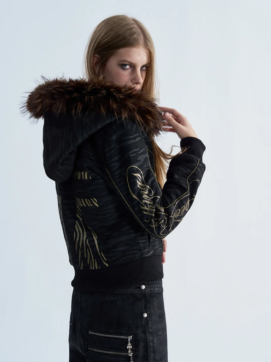 PAIKI | Tiger Pattern Hooded Fur Trimmed Puffer Jacket