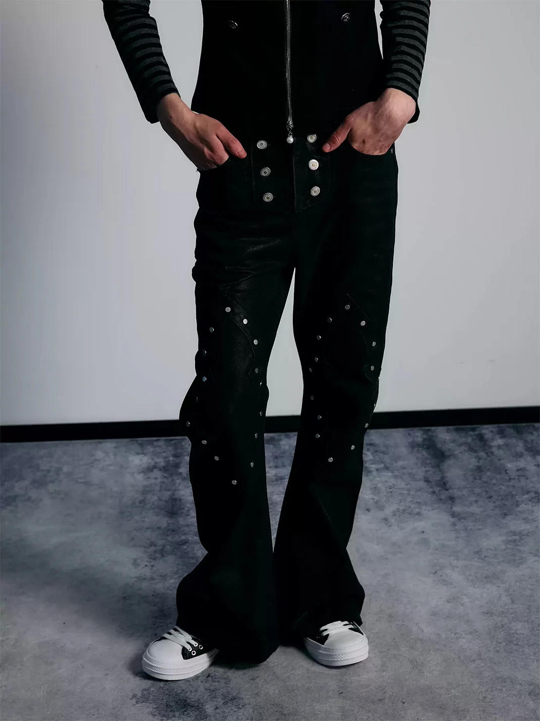 PAIKI | Black Waxed Rivet Flared Jeans