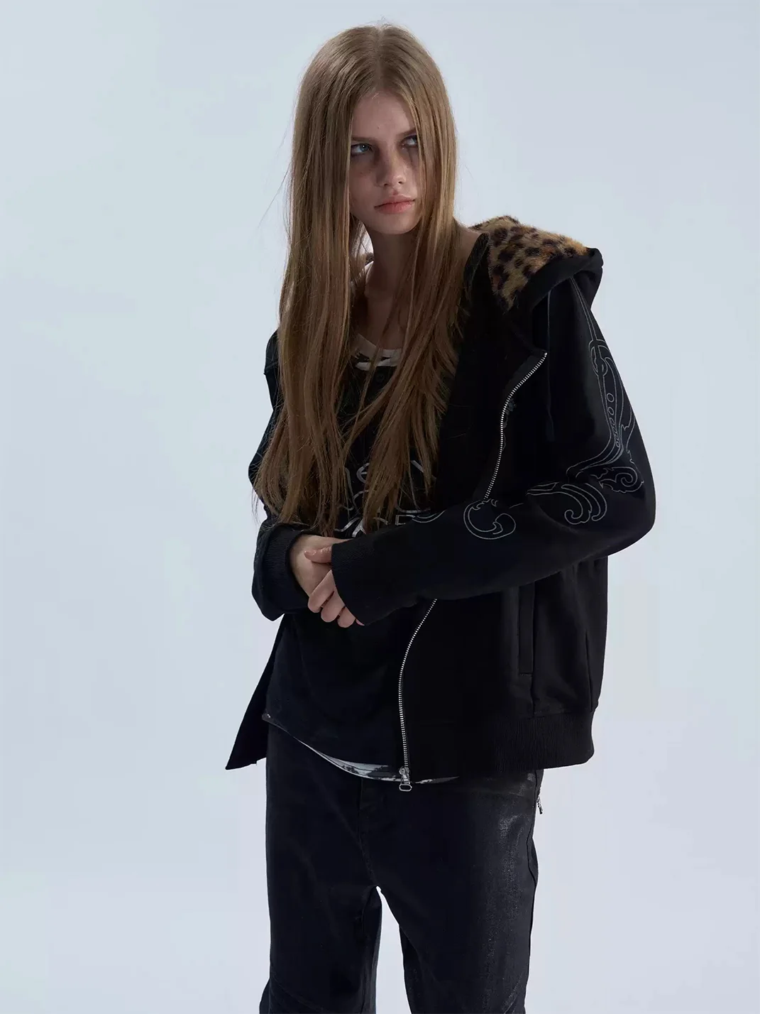 PAIKI | Leopard Trim Rhinestone Graphic Zip Hoodie