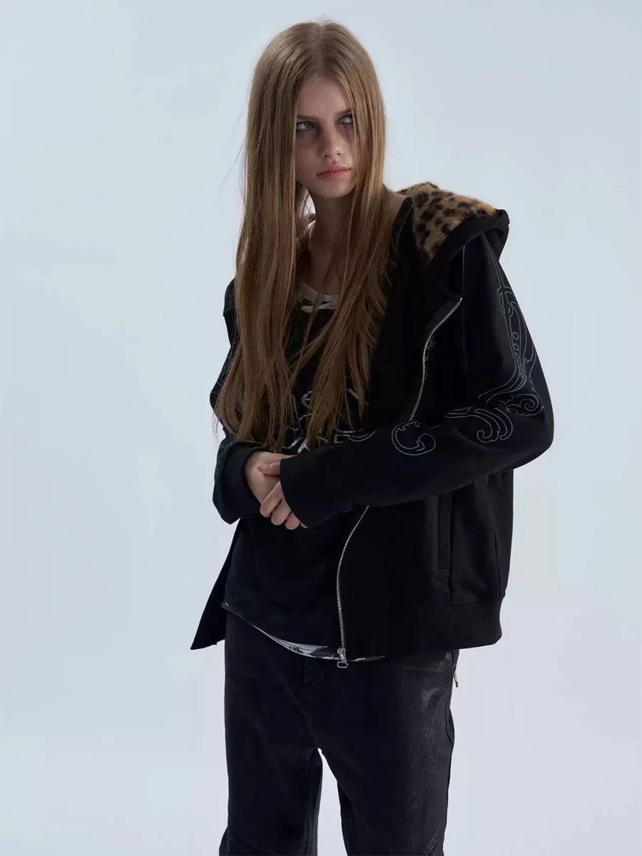 PAIKI | Leopard Trim Rhinestone Graphic Zip Hoodie - 4