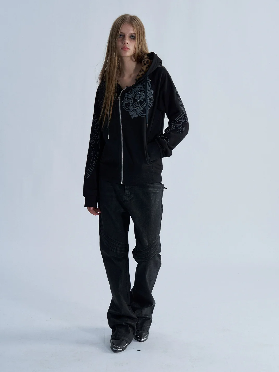PAIKI | Leopard Trim Rhinestone Graphic Zip Hoodie