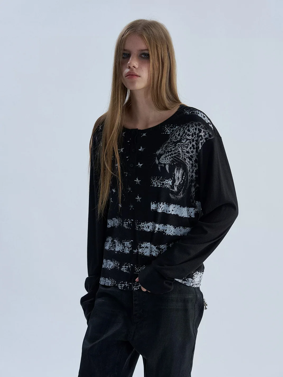 PAIKI | Retro Leopard Henley Long Sleeve Shirt