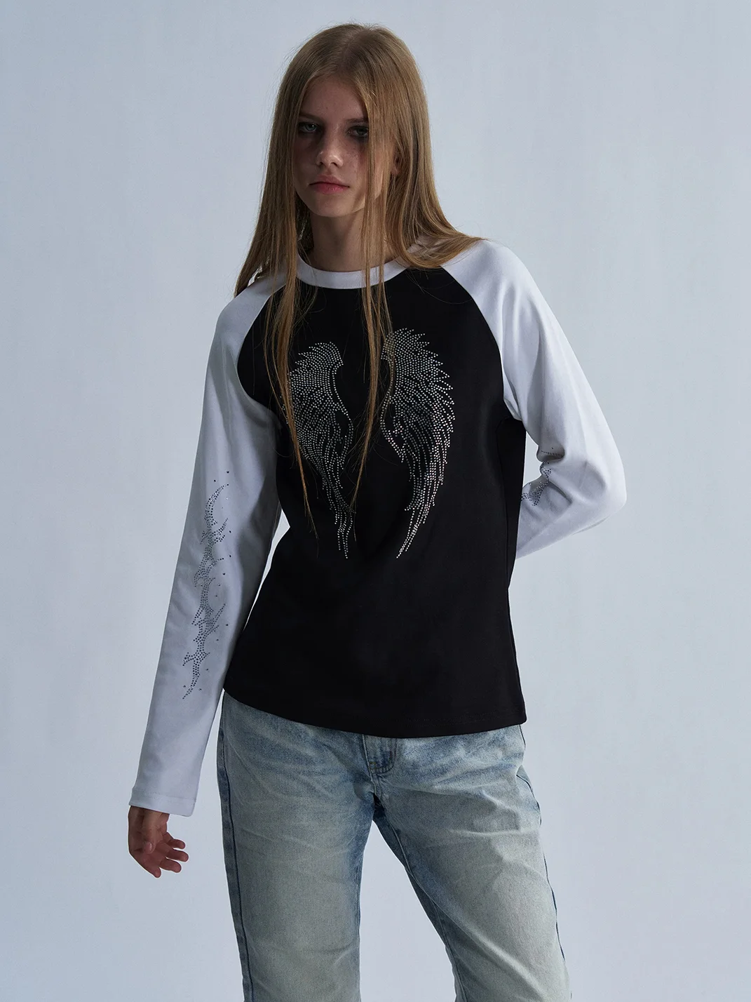 PAIKI | Rhinestone Wing Raglan Long Sleeve T-Shirt