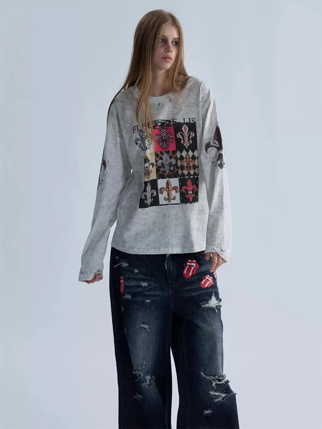 PAIKI | Distressed Fleur-De-Lis Checkerboard Long Sleeve Tee