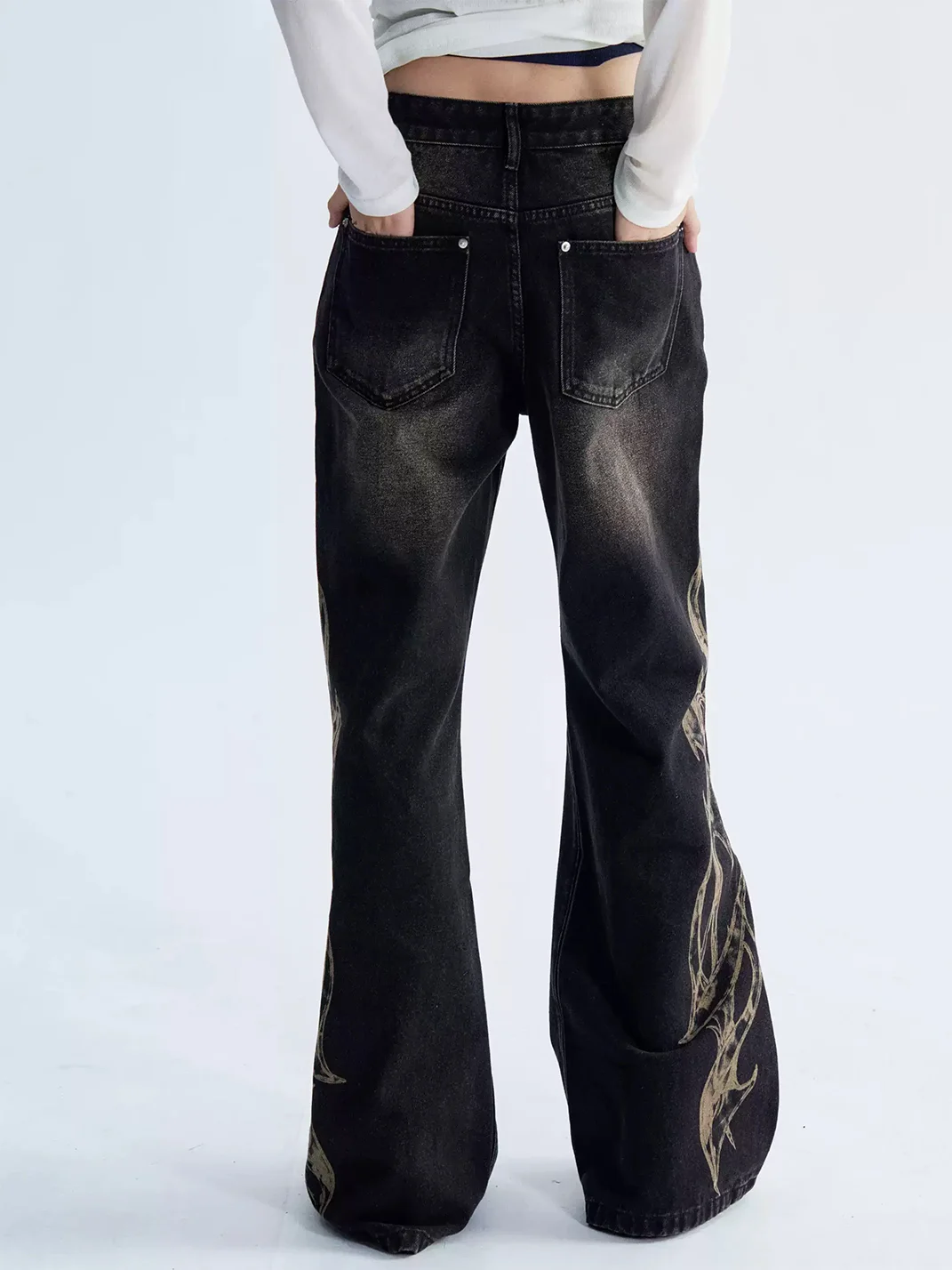PAIKI | Distressed Washed Flame Studded Wide Leg Jeans
