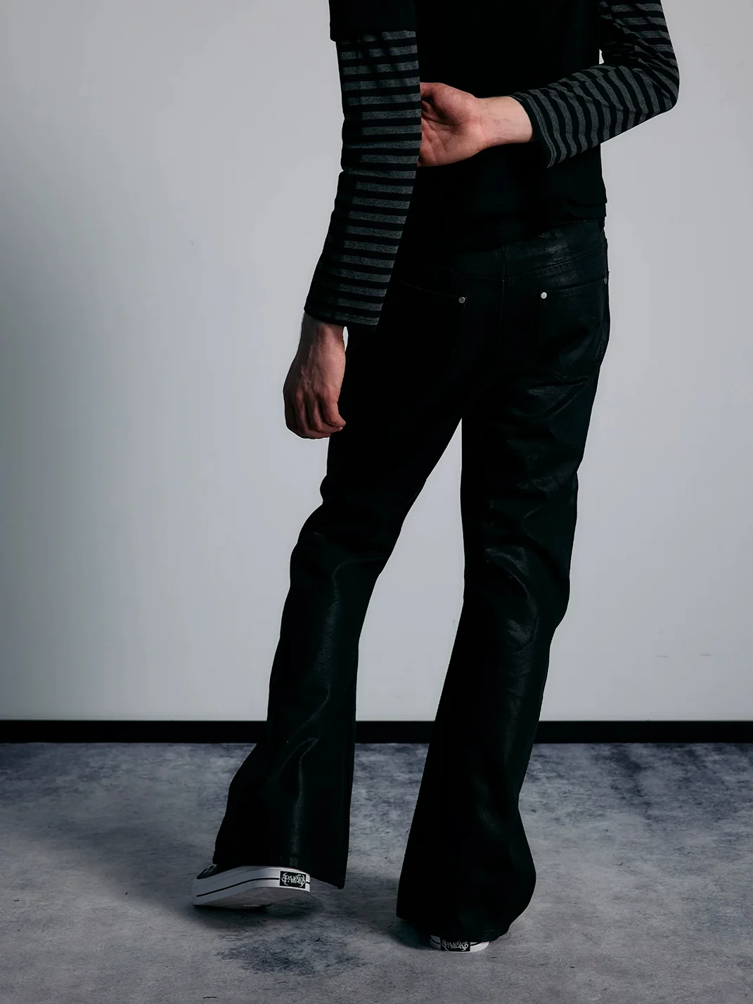 PAIKI | Black Waxed Rivet Flared Jeans