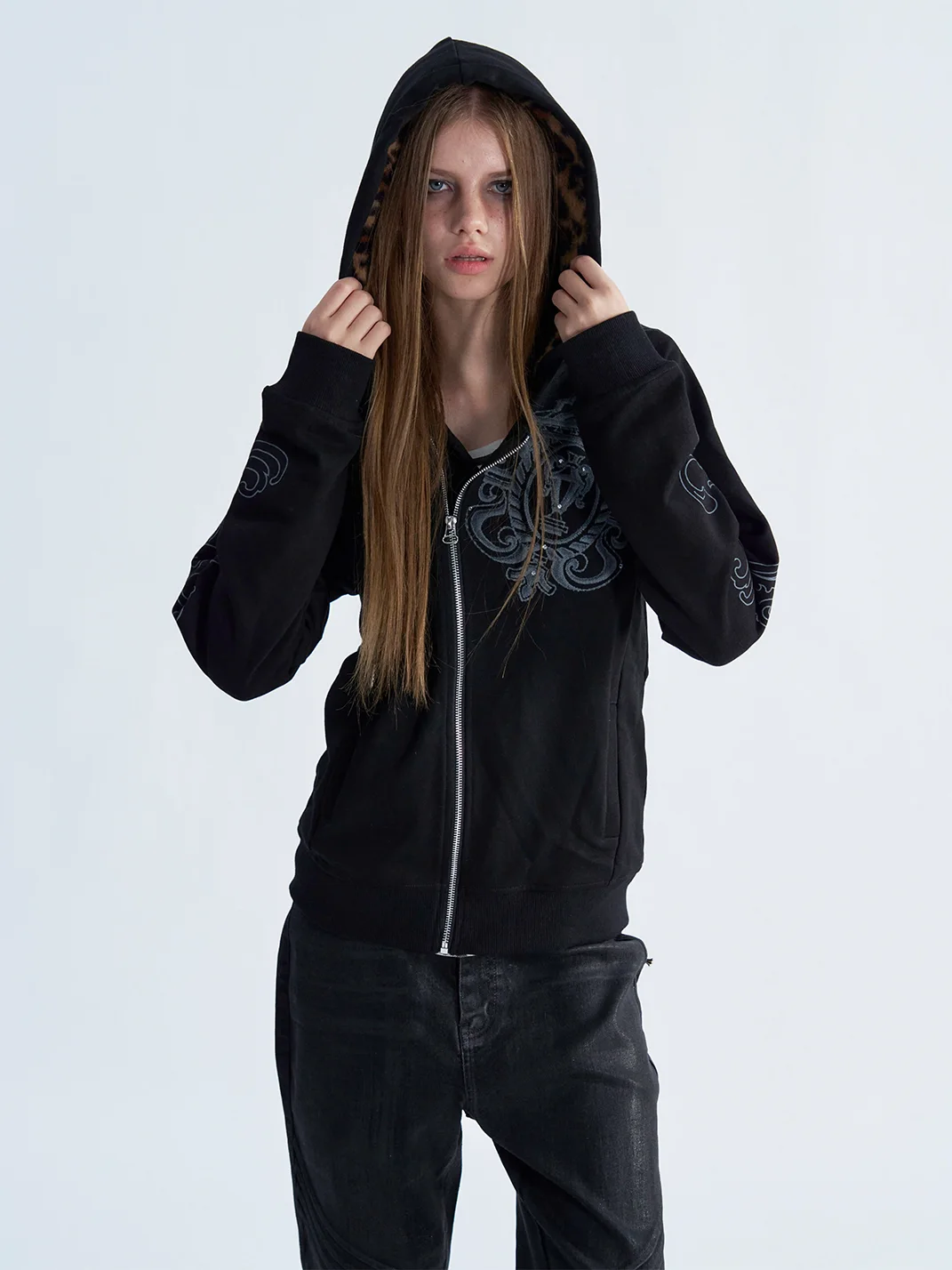PAIKI | Leopard Trim Rhinestone Graphic Zip Hoodie