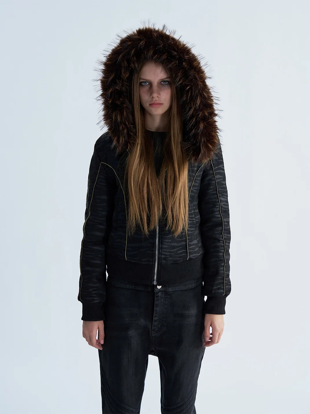 PAIKI | Tiger Pattern Hooded Fur Trimmed Puffer Jacket