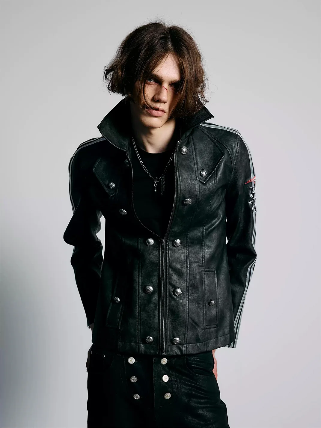 PAIKI | Slim Napoleon Striped Leather Jacket