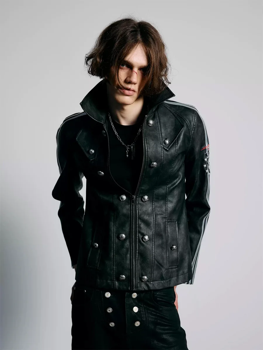 PAIKI | Slim Napoleon Striped Leather Jacket - 2