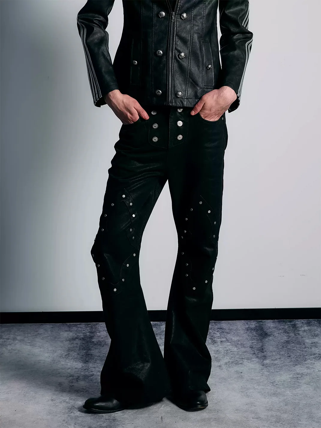 PAIKI | Black Waxed Rivet Flared Jeans