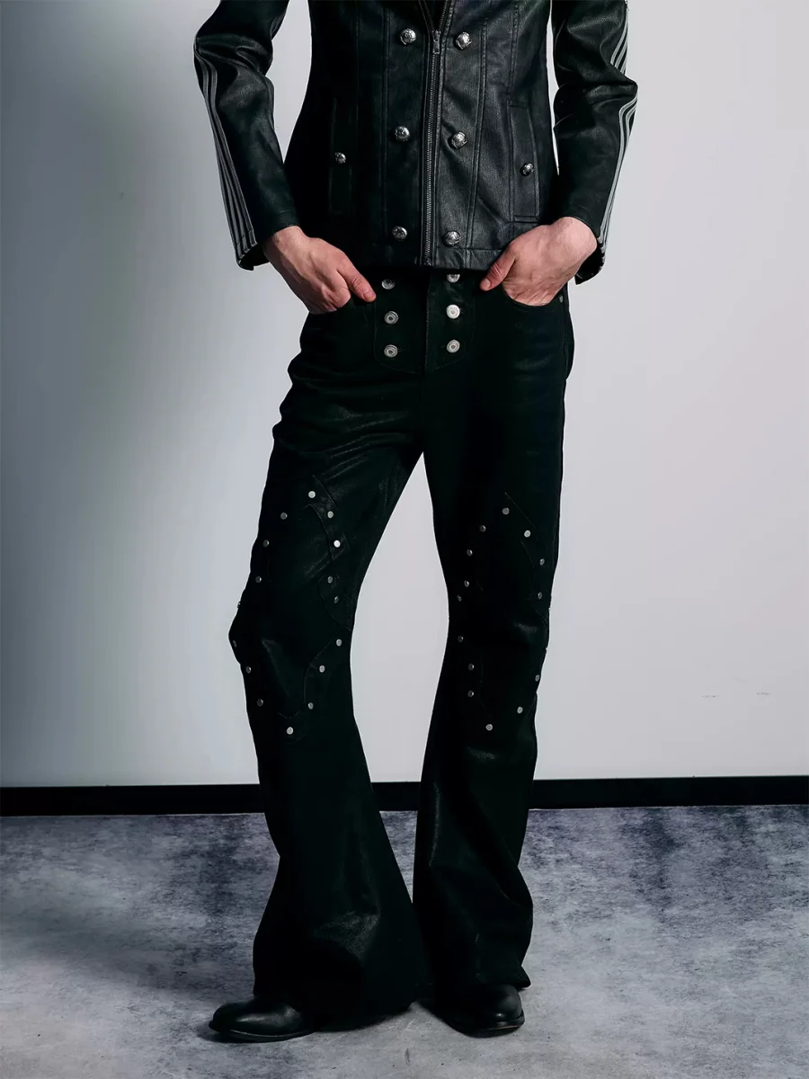 PAIKI | Black Waxed Rivet Flared Jeans - 2