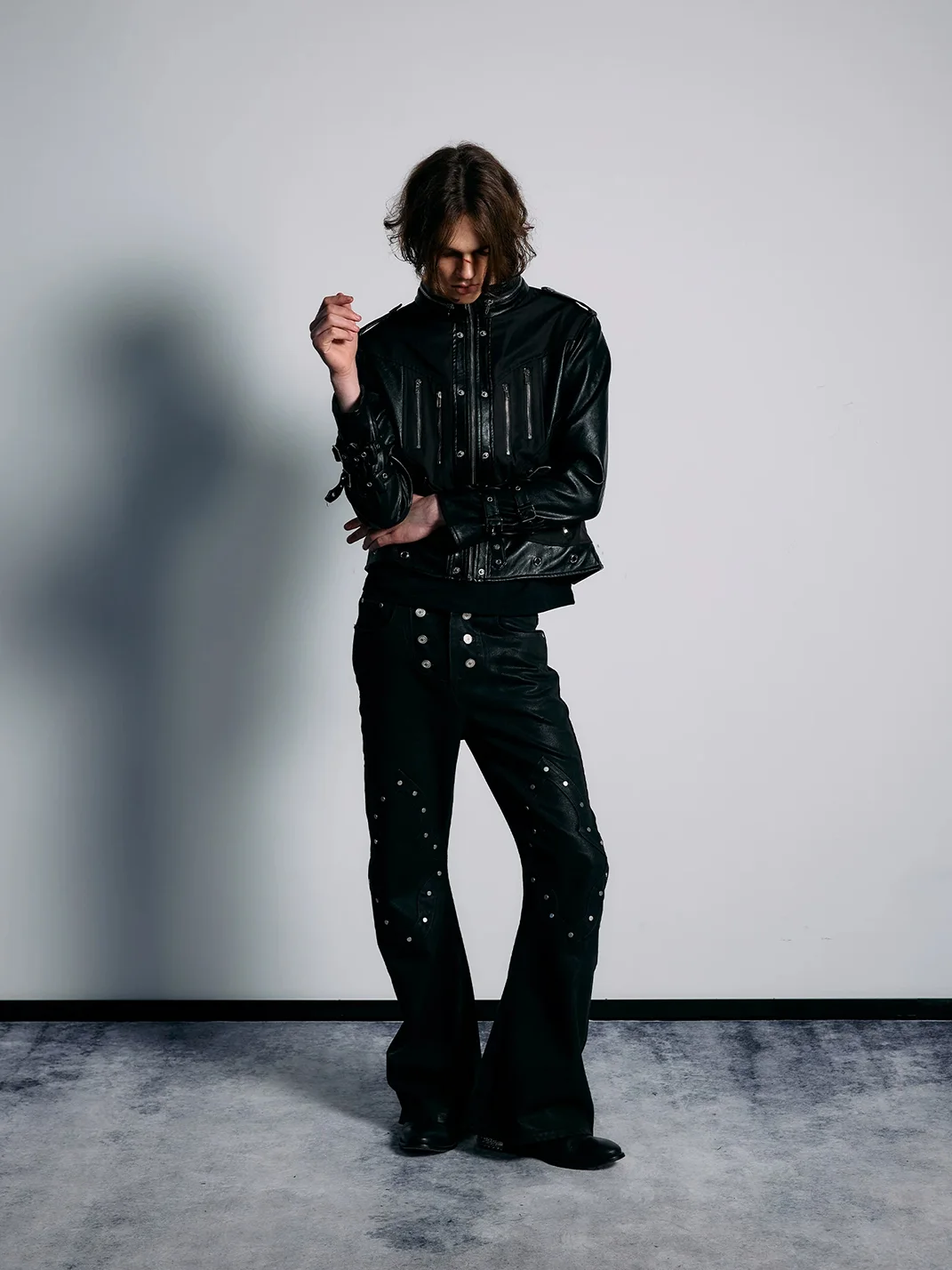 PAIKI | Black Waxed Rivet Flared Jeans