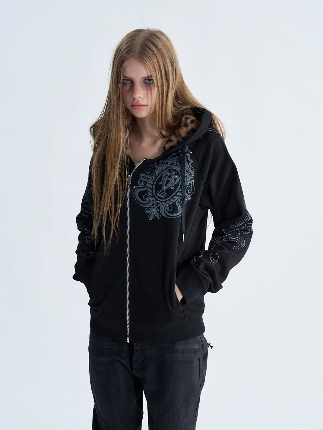 PAIKI | Leopard Trim Rhinestone Graphic Zip Hoodie