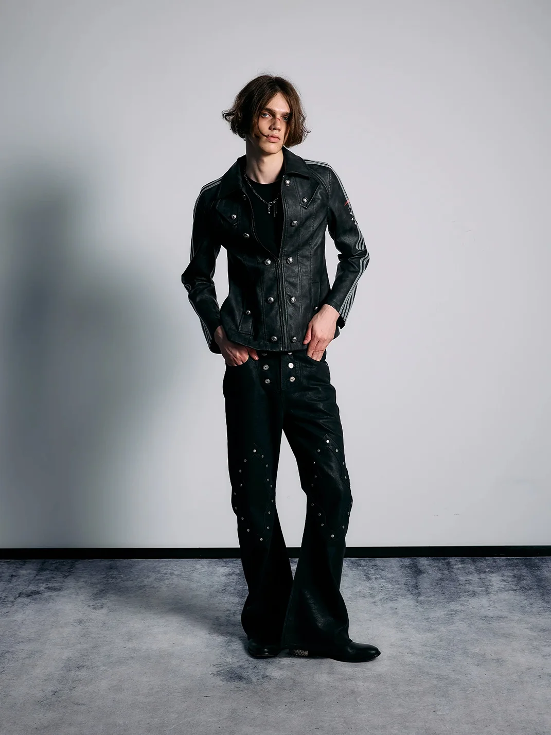 PAIKI | Black Waxed Rivet Flared Jeans