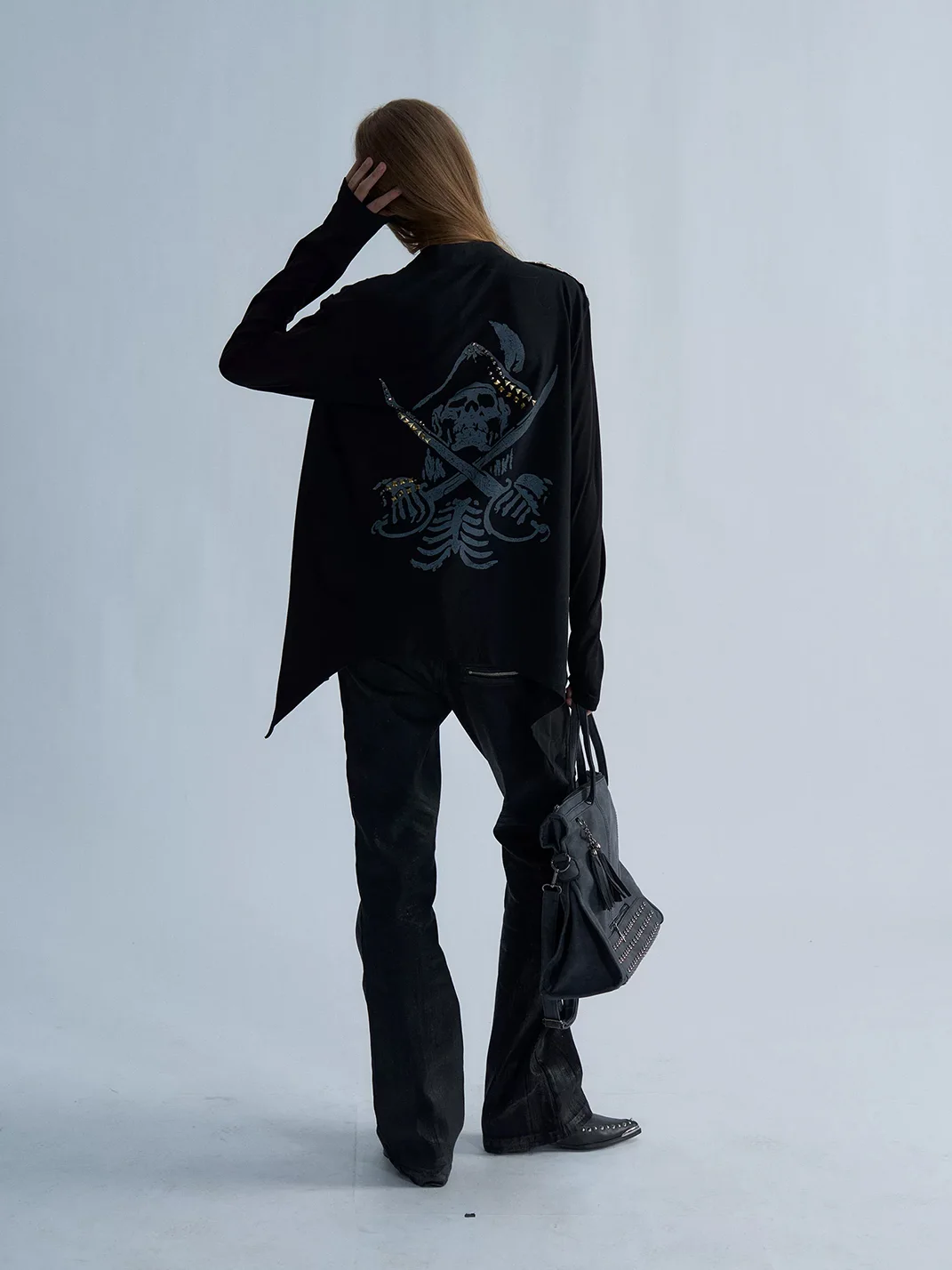 PAIKI | Studded Pirate Skull Asymmetric Long Cardigan