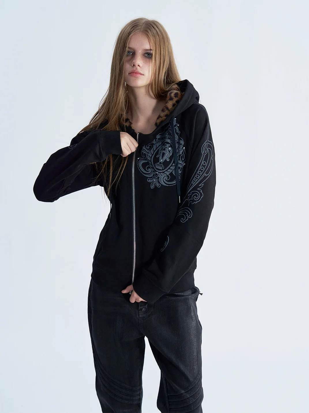 PAIKI | Leopard Trim Rhinestone Graphic Zip Hoodie