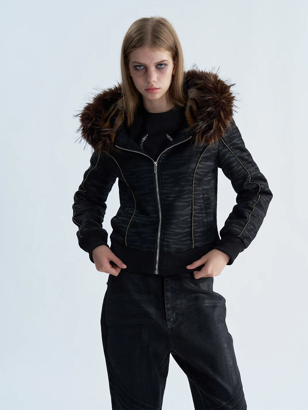 PAIKI | Tiger Pattern Hooded Fur Trimmed Puffer Jacket