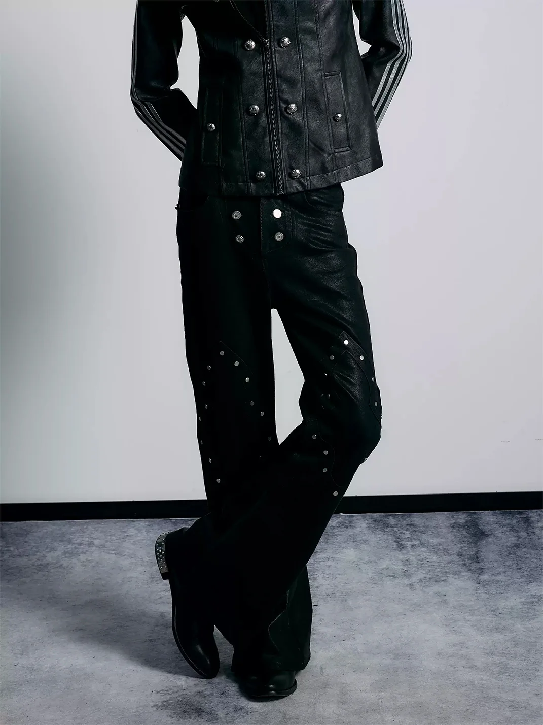 PAIKI | Black Waxed Rivet Flared Jeans