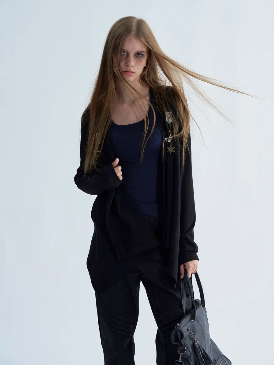 PAIKI | Studded Pirate Skull Asymmetric Long Cardigan - 3