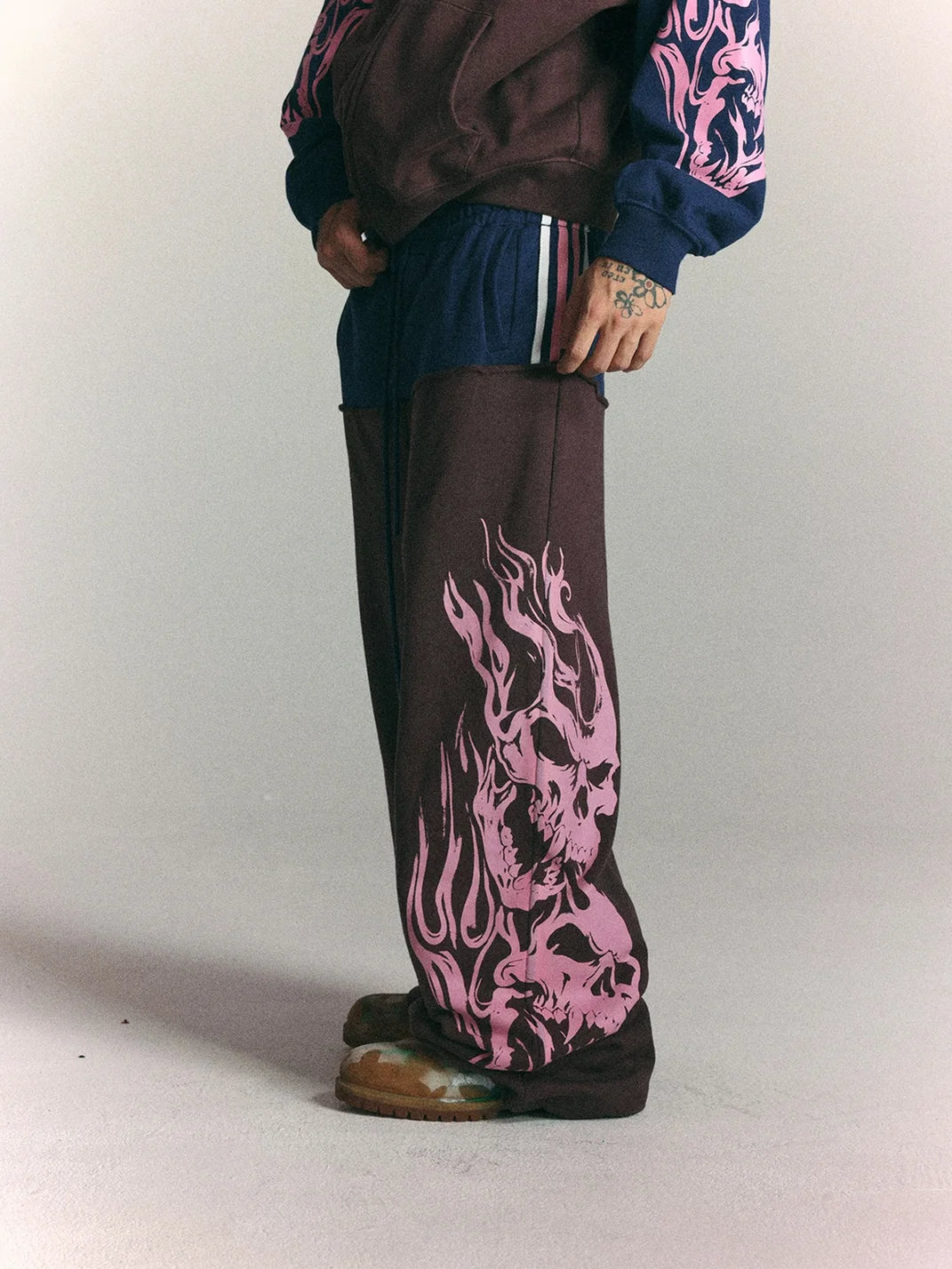 WASTED | Retro Flame Skull Colorblock Sweatpants