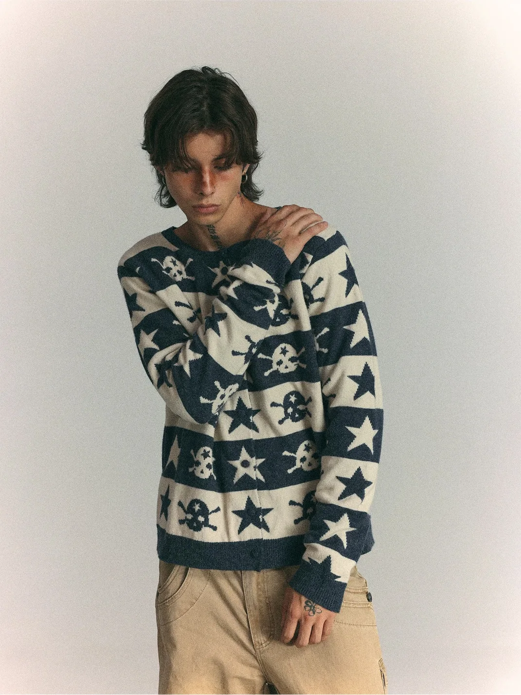 WASTED | Skull Star Striped Drop-Shoulder Cropped Cardigan