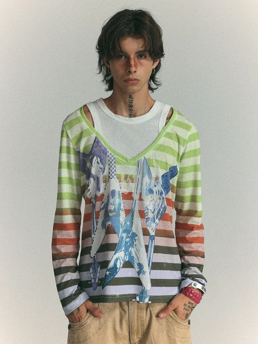 WASTED | Distressed Layered Gradient Striped Long Sleeve T-Shirt