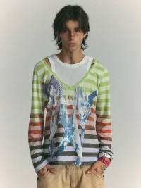 WASTED | Distressed Layered Gradient Striped Long Sleeve T-Shirt