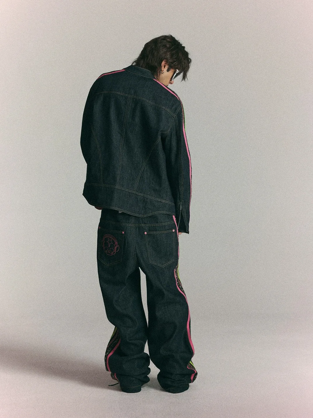 WASTED | Contrast Stripe Skull Embroidered Raw Denim Jeans