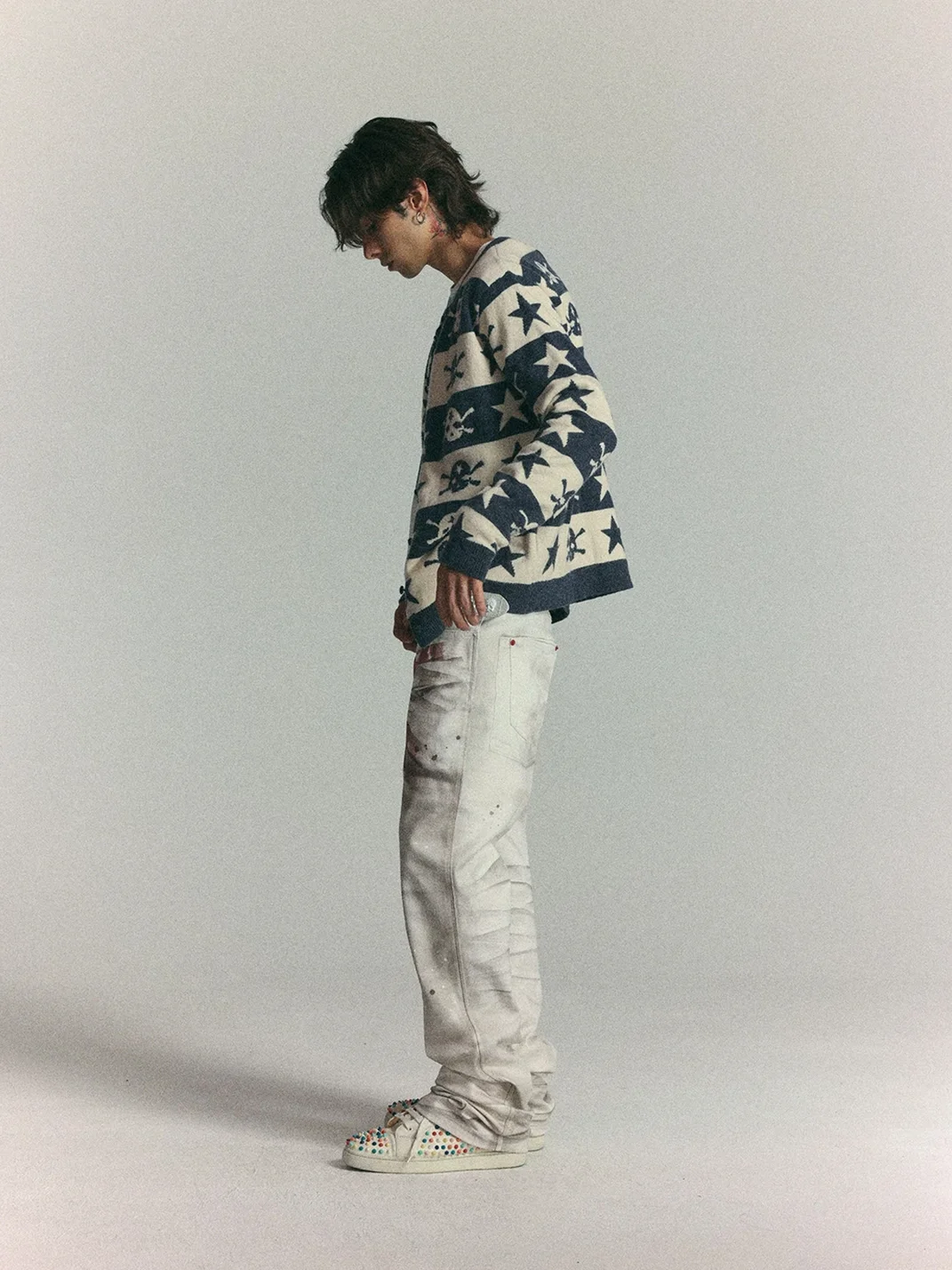 WASTED | Skull Star Striped Drop-Shoulder Cropped Cardigan
