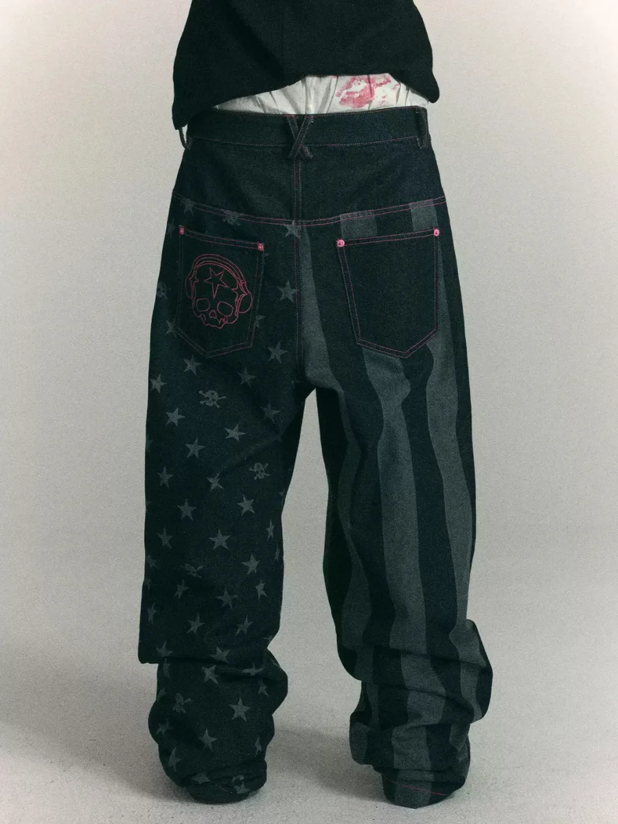 WASTED | Retro Street Star Skull Patchwork Jeans - 4