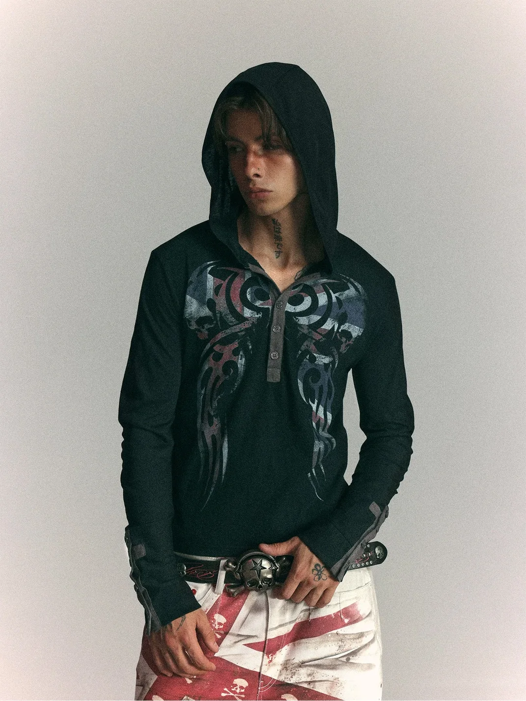 WASTED | Distressed Totem Print Slim Hooded Henley