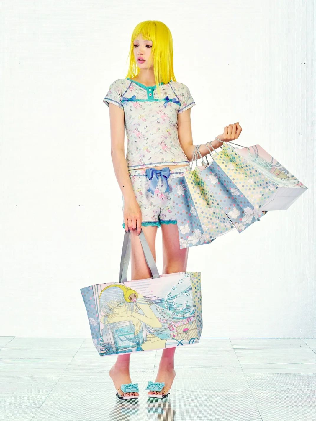Eyeellike | Cartoon Print Bow Pajama Set