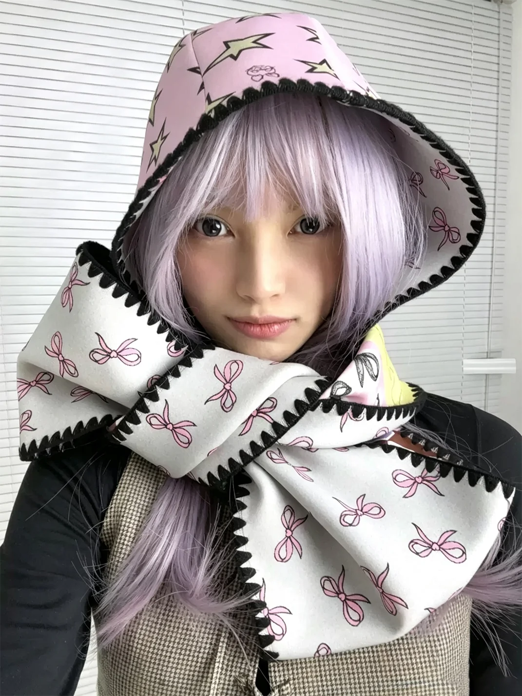 LIS CALLA | Reversible Printed Hooded Scarf With Zigzag Trim