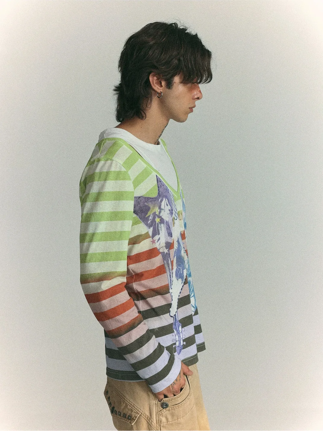 WASTED | Distressed Layered Gradient Striped Long Sleeve T-Shirt
