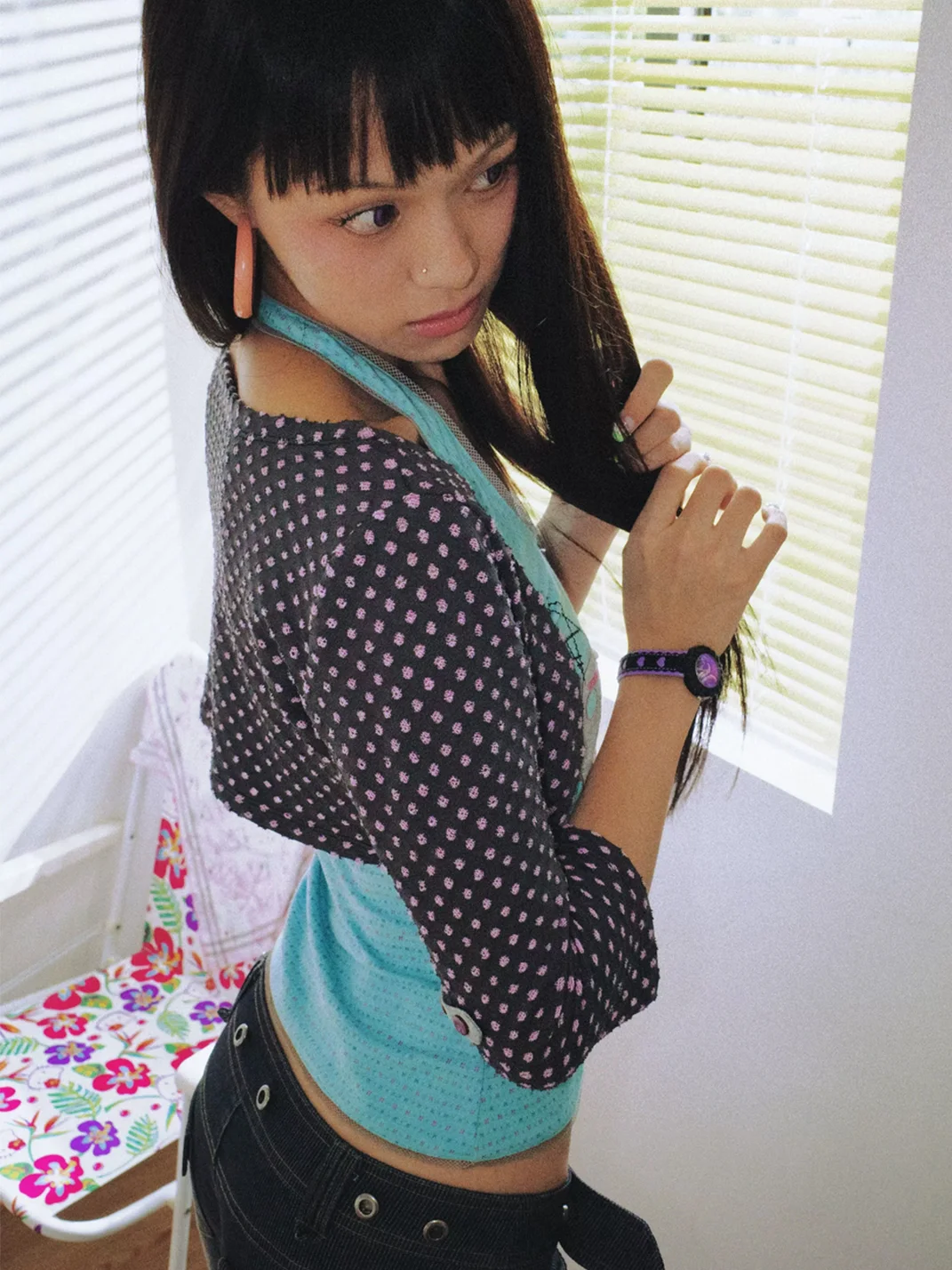 Eyeellike | Polka Dot Button Cropped Mid-Sleeve Jacket
